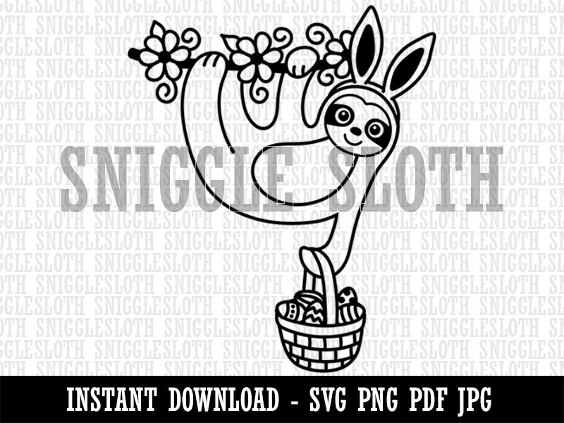 Easter Sloth with Bunny Ears and Basket Clipart Digital Download SVG PNG JPG PDF Cut Files