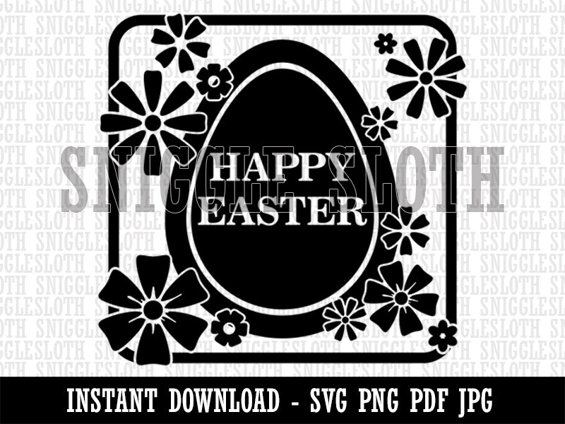 Happy Easter Egg Silhouette And Flowers Clipart Digital Download SVG PNG JPG PDF Cut Files