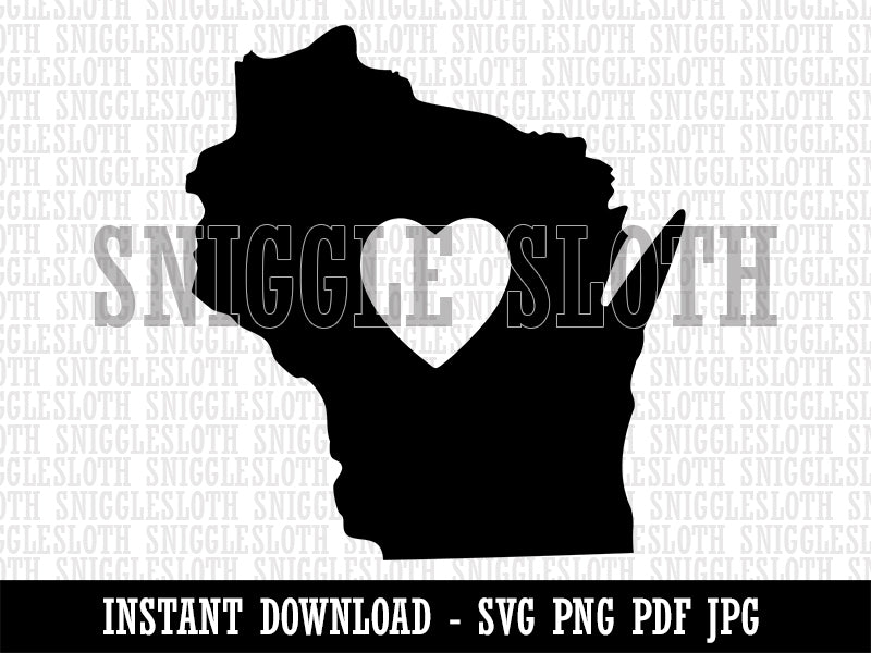 Wisconsin State with Heart Clipart Digital Download SVG PNG JPG PDF Cut Files