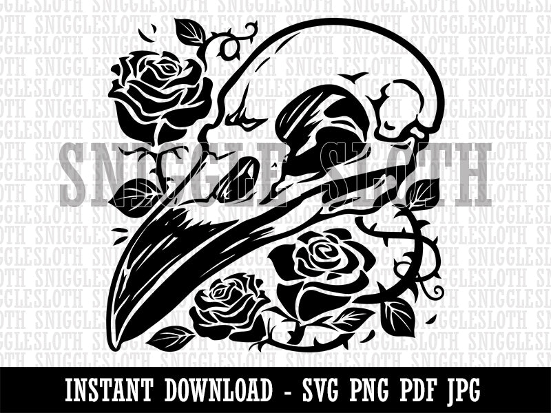 Crow Raven Bird Skull with Roses Clipart Digital Download SVG PNG JPG PDF Cut Files