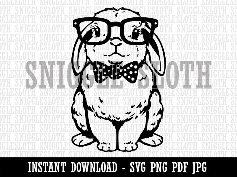 Cute Bunny Rabbit with Glasses and Bow Tie Clipart Digital Download SVG PNG JPG PDF Cut Files