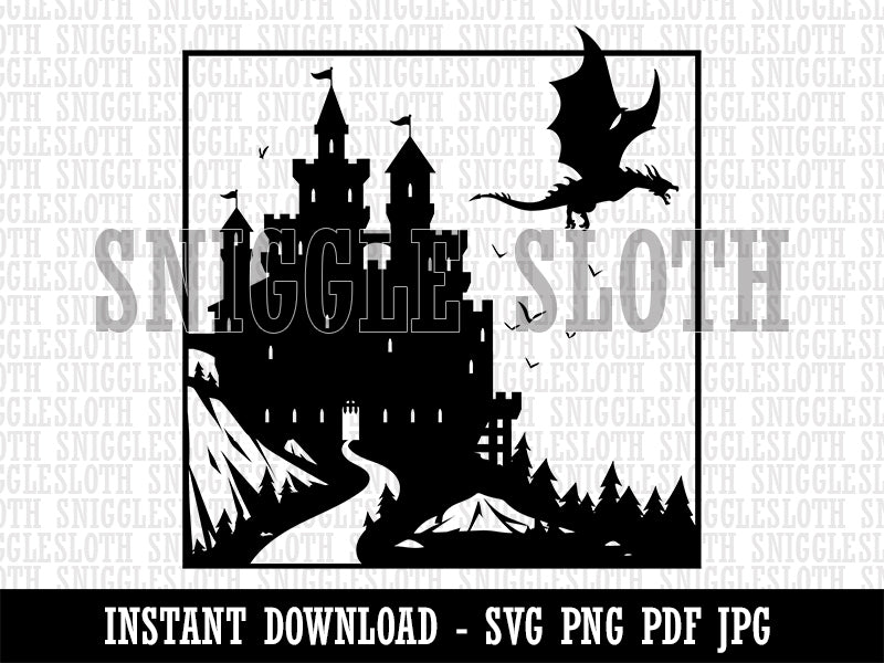 Dragon Flying Over Medieval Castle Clipart Digital Download SVG PNG JPG PDF Cut Files