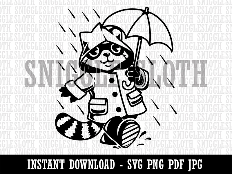 Raccoon in Raincoat Walking in the Rain Clipart Digital Download SVG PNG JPG PDF Cut Files