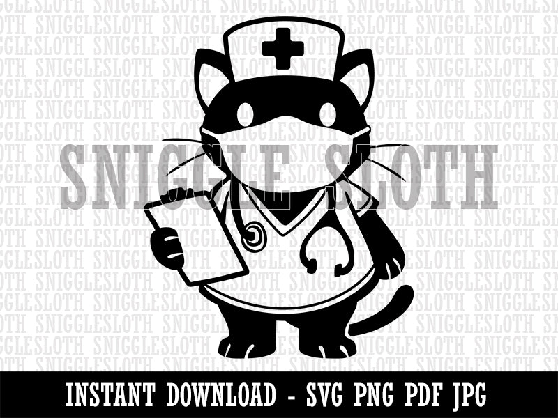 Serious Nurse Doctor Cat with Stethoscope Clipart Digital Download SVG PNG JPG PDF Cut Files