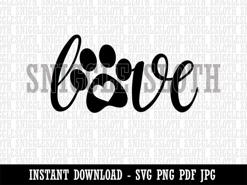 Love Script Paw Print with Heart Dog Cat Clipart Digital Download SVG PNG JPG PDF Cut Files