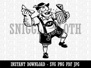 Jolly Bavarian Man in Lederhosen with Beer Stein and Sausage Clipart Digital Download SVG PNG JPG PDF Cut Files