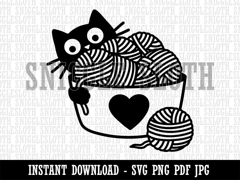 Cat Playing with Basket of Yarn Knitting Crocheting Clipart Digital Download SVG PNG JPG PDF Cut Files