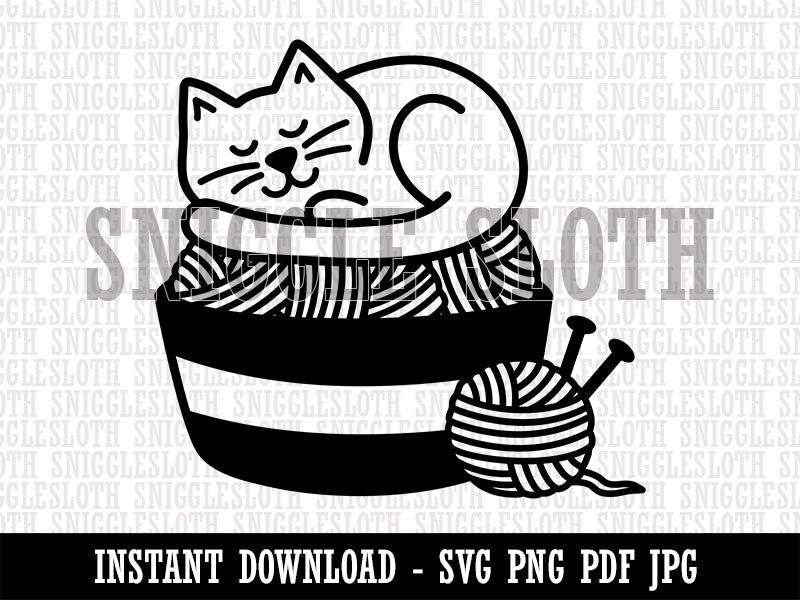 Cat Sleeping on Basket of Yarn Knitting Clipart Digital Download SVG PNG JPG PDF Cut Files