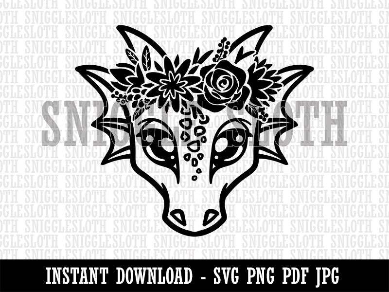 Dragon Wearing a Flower Crown Clipart Digital Download SVG PNG JPG PDF Cut Files