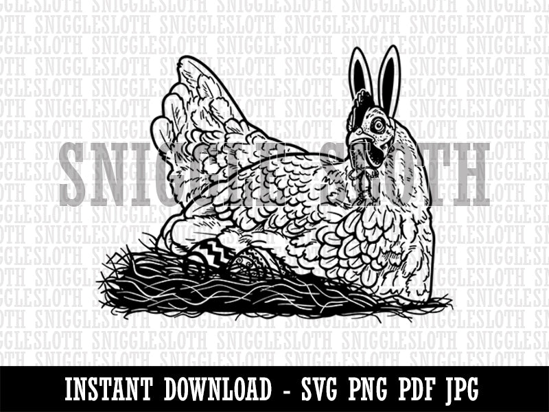 Easter Bunny Hen Laying on Eggs Holiday Chicken Clipart Digital Download SVG PNG JPG PDF Cut Files