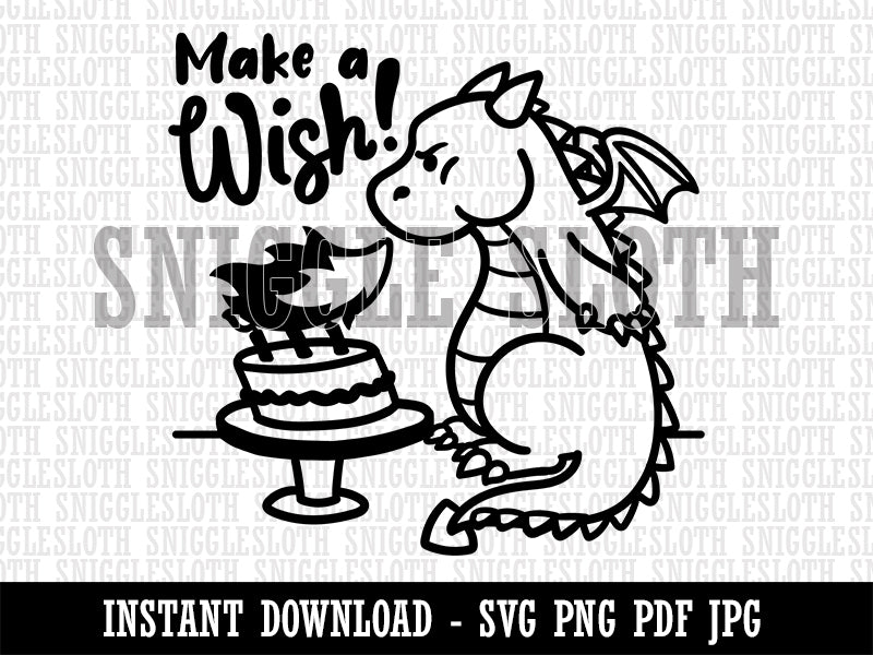 Make a Wish Dragon Trying to Blow Out Birthday Candles Clipart Digital Download SVG PNG JPG PDF Cut Files