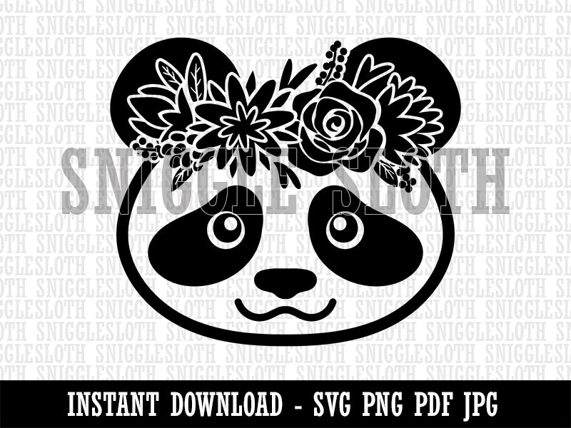 Panda Wearing a Flower Crown Clipart Digital Download SVG PNG JPG PDF Cut Files