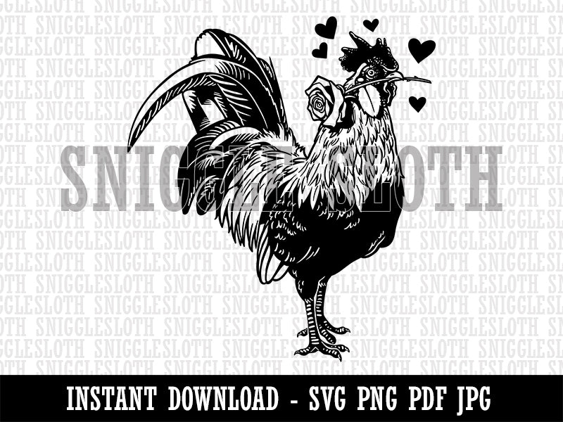Valentine Romeo Rooster Holding Rose Holiday Chicken Clipart Digital Download SVG PNG JPG PDF Cut Files