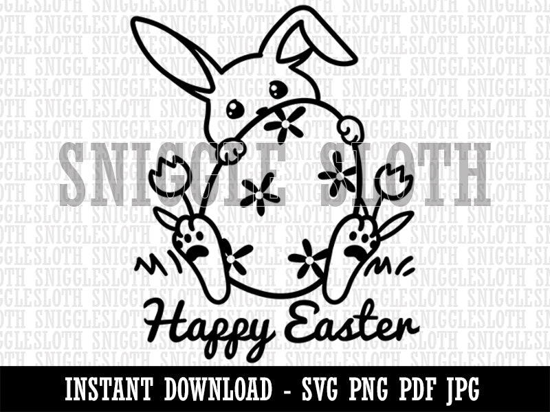 Happy Easter Tulips Bunny Hiding Behind Giant Egg Clipart Digital Download SVG PNG JPG PDF Cut Files