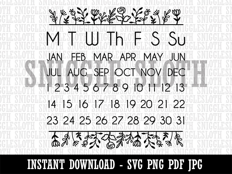 Perpetual Calendar Floral Planner Monday Start Clipart Digital Download SVG PNG JPG PDF Cut Files
