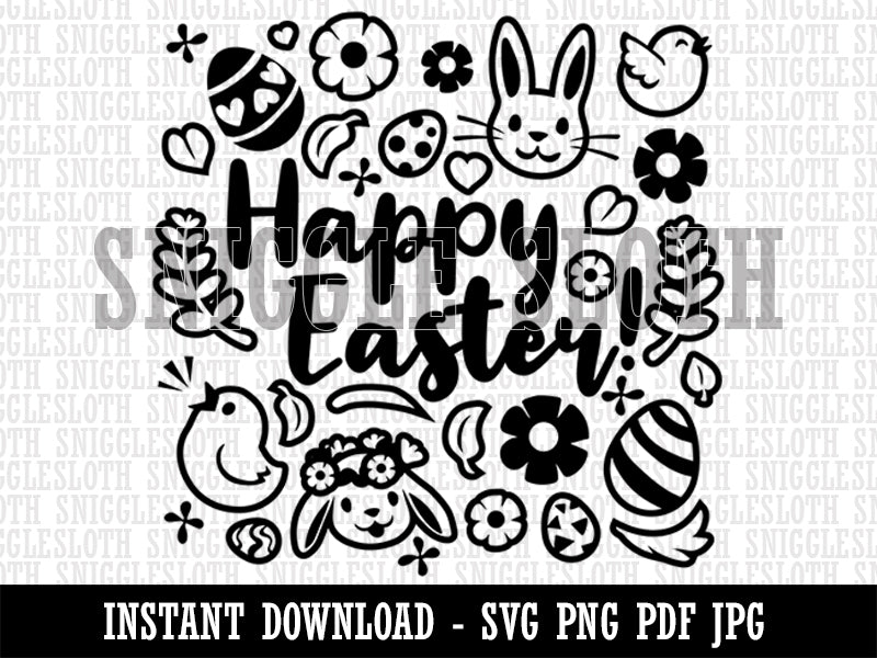 Happy Easter with Bunny Chicks Flowers and Eggs Clipart Digital Download SVG PNG JPG PDF Cut Files