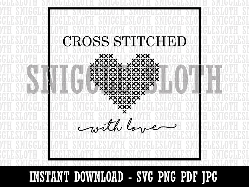Cross Stitched Heart With Love Label Clipart Digital Download SVG PNG JPG PDF Cut Files