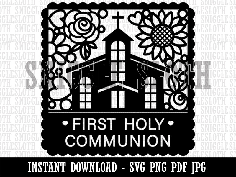 First Holy Communion Cute Chapel with Floral Scalloped Border Clipart Digital Download SVG PNG JPG PDF Cut Files