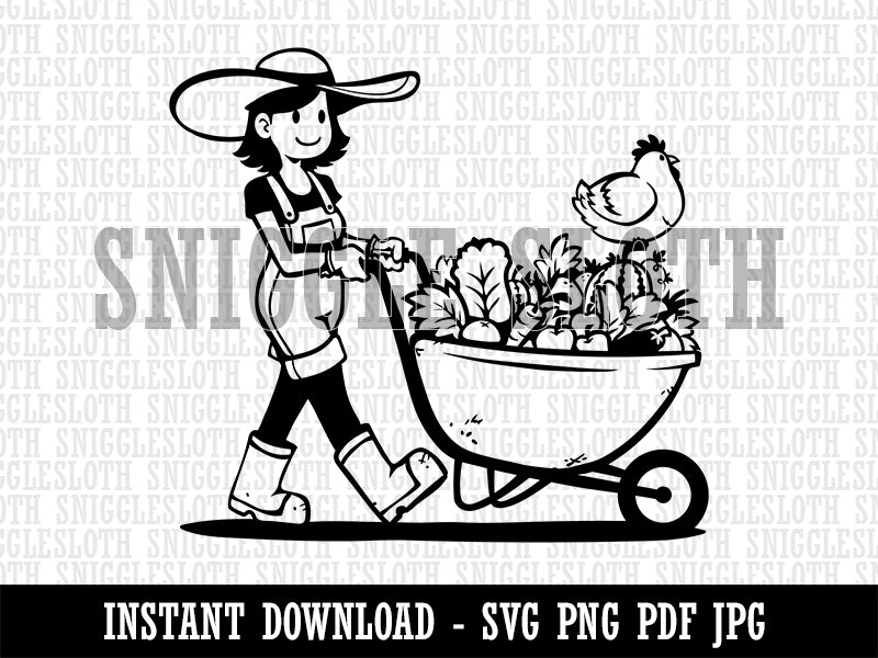 Gardener Farmer Girl with Wheelbarrow of Fruits Vegetables Chicken Clipart Digital Download SVG PNG JPG PDF Cut Files