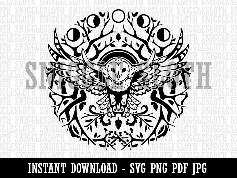 Intricate Barn Owl with Wreath of Branches and Moon Phases Clipart Digital Download SVG PNG JPG PDF Cut Files