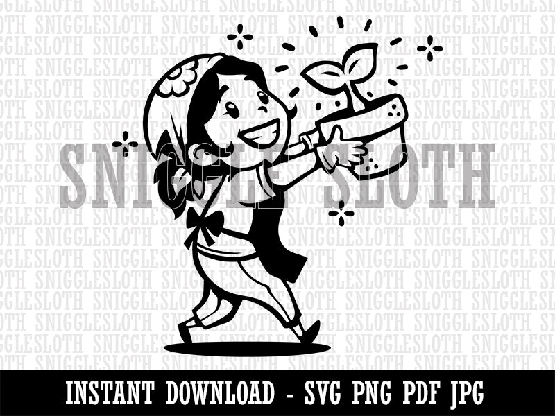 Proud Gardening Gardener Girl with Potted Plant Clipart Digital Download SVG PNG JPG PDF Cut Files
