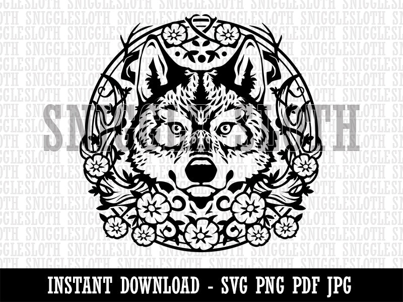 Regal Floral Wreath Wolf Wolves Head with Flower Antlers Clipart Digital Download SVG PNG JPG PDF Cut Files