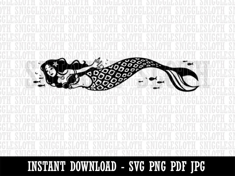 Elegant Mermaid Swimming in Ocean with Fish Clipart Digital Download SVG PNG JPG PDF Cut Files