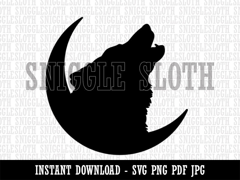 Wolf Howling Crescent Moon Clipart Digital Download SVG PNG JPG PDF Cut Files