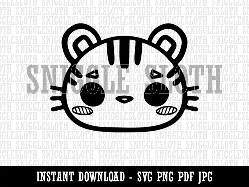 Charming Kawaii Chibi Tiger Face Blushing Cheeks Clipart Digital Download SVG PNG JPG PDF Cut Files