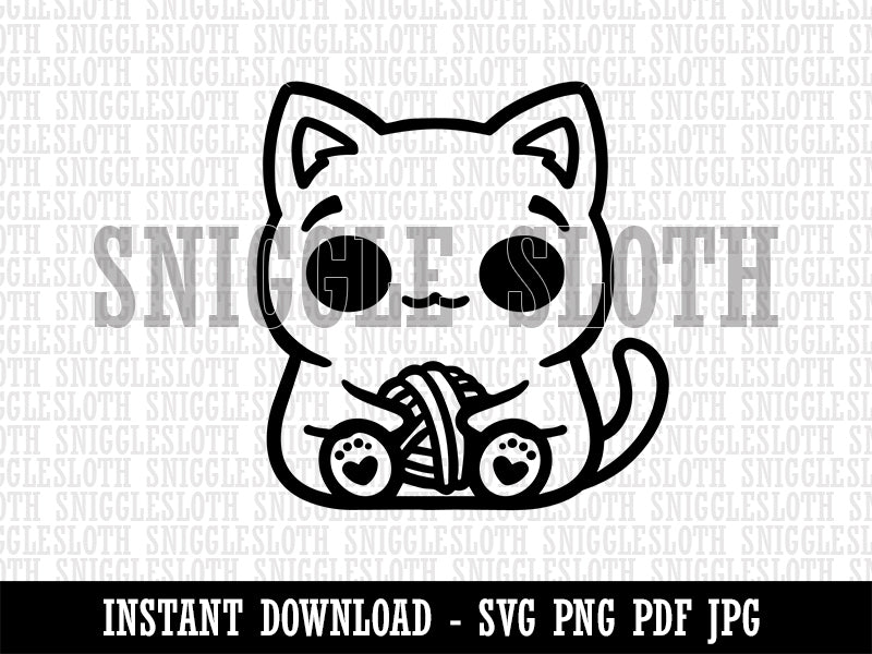 Content Kawaii Chibi Sitting Cat with Ball of Yarn Clipart Digital Download SVG PNG JPG PDF Cut Files