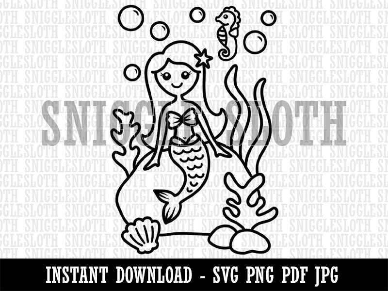 Mermaid Seahorse Under the Ocean Sea Shell Coral Clipart Digital Download SVG PNG JPG PDF Cut Files