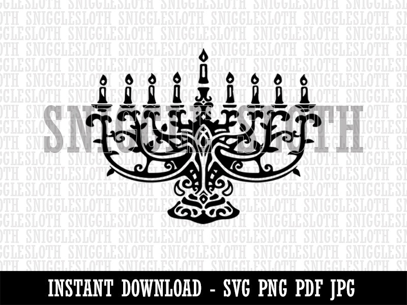 Elegant Intricate Hanukkah Menorah with Candles Candelabrum Candelabra Clipart Digital Download SVG PNG JPG PDF Cut Files