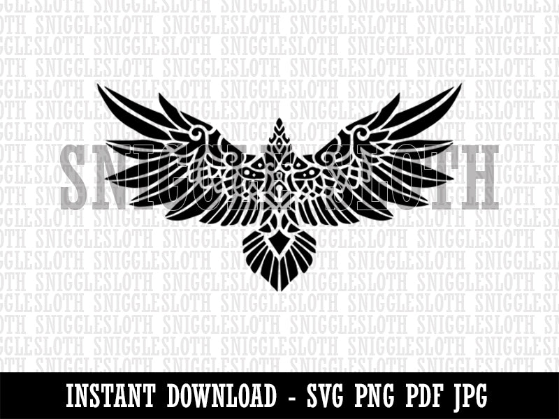 Norse Tribal Raven Crow Bird with Spread Wings Clipart Digital Download SVG PNG JPG PDF Cut Files