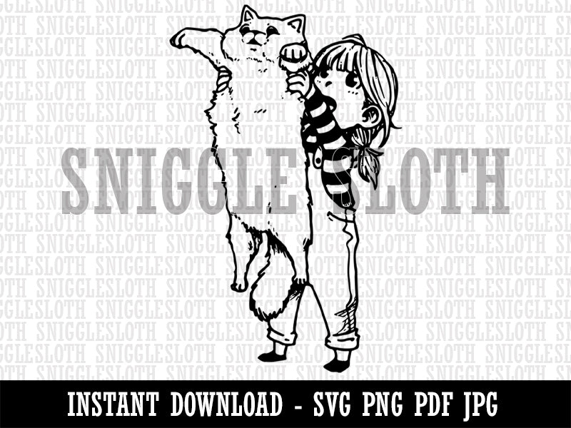 Adorable Child with Fluffy Long Cat Clipart Digital Download SVG PNG JPG PDF Cut Files