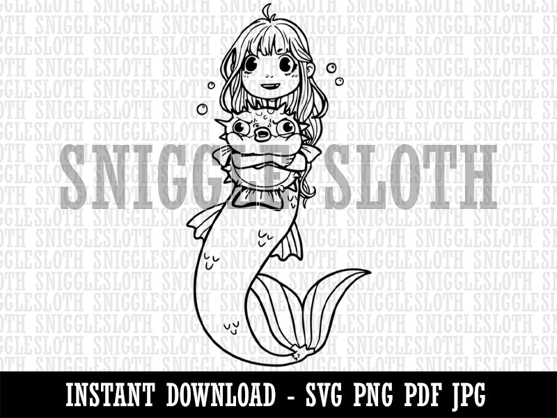 Adorable Mermaid Girl Hugging Pufferfish Friend Clipart Digital Download SVG PNG JPG PDF Cut Files