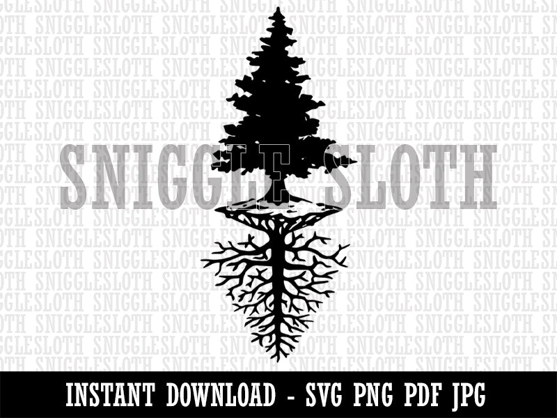 Elegant Evergreen Pine Tree with Reflected Roots Clipart Digital Download SVG PNG JPG PDF Cut Files