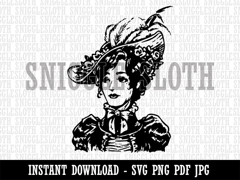 Elegant Victorian Lady Woman with Flower and Feathers in her Hat Clipart Digital Download SVG PNG JPG PDF Cut Files