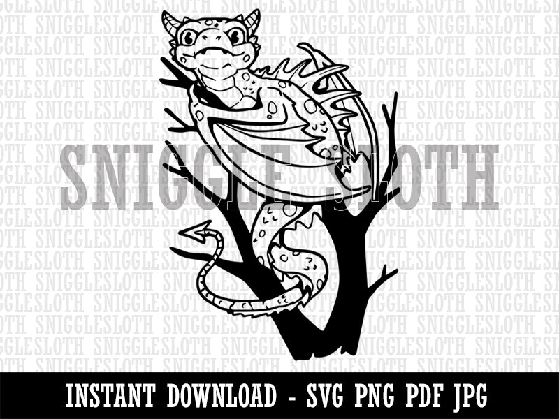 Inquisitive Young Dragon Resting on Branch Clipart Digital Download SVG PNG JPG PDF Cut Files