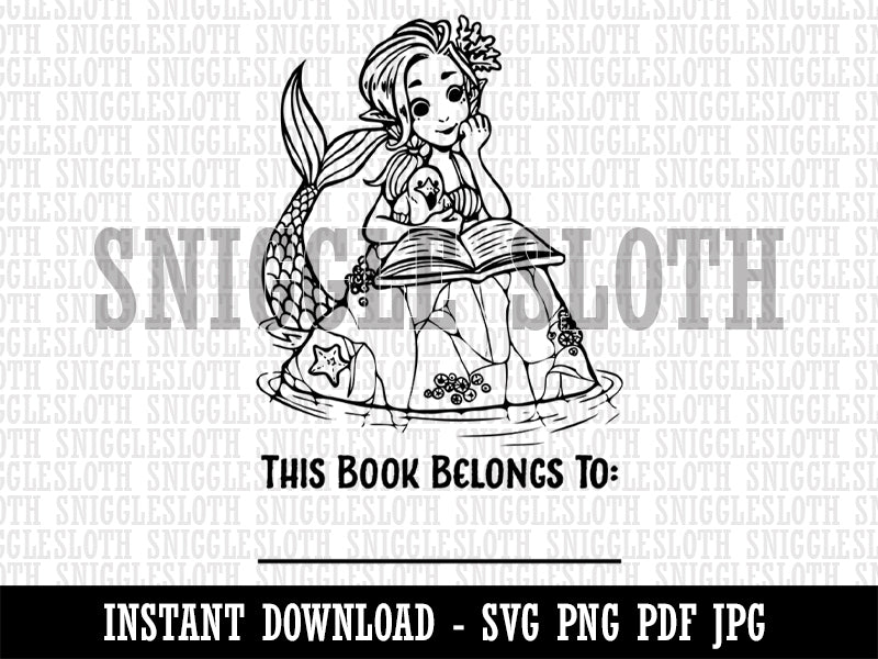 Mermaid Reading Book on Rock with Seagull Clipart Digital Download SVG PNG JPG PDF Cut Files