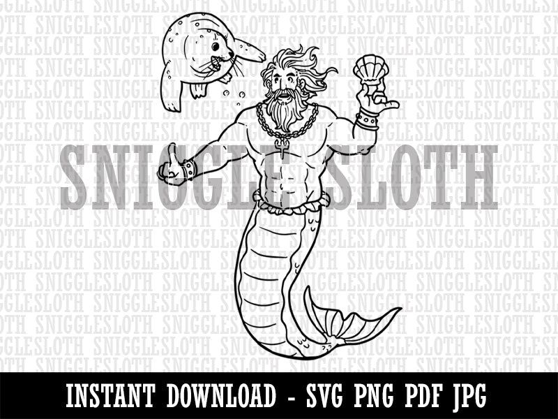 Merman Mermaid Training Seal Puppy with Clam Shell Clipart Digital Download SVG PNG JPG PDF Cut Files
