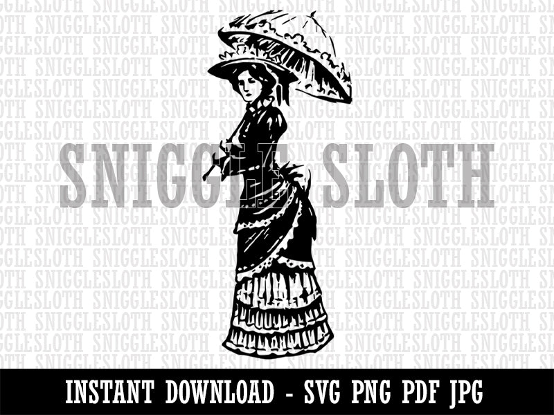 Pensive Victorian Woman Standing with Parasol Umbrella in Hand Clipart Digital Download SVG PNG JPG PDF Cut Files