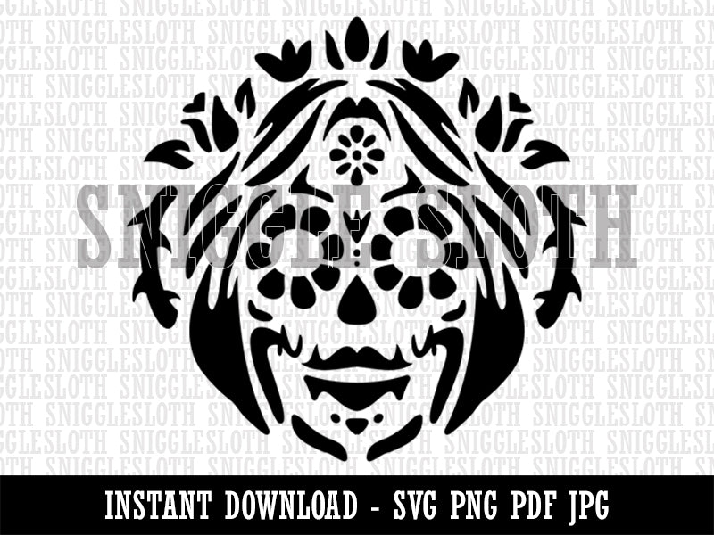 Dia De Los Muertos Woman Mexican Sugar Skull with Flowers Clipart Digital Download SVG PNG JPG PDF Cut Files