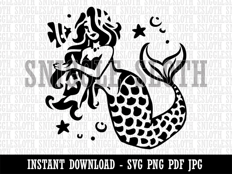 Elegant Mermaid Maiden with Butterfly Fish Clipart Digital Download SVG PNG JPG PDF Cut Files