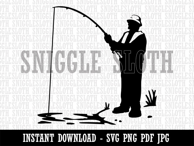 Fisherman with Rod Over Water Clipart Digital Download SVG PNG JPG PDF Cut Files
