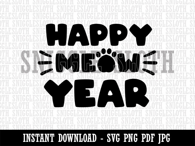 Happy Meow New Year Cat Funny Clipart Digital Download SVG PNG JPG PDF Cut Files