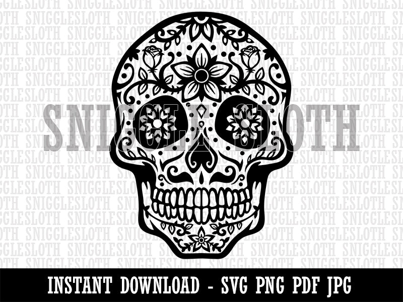 Dia De Los Muertos Mexican Sugar Skull with Flowers Day of the Dead Clipart Digital Download SVG PNG JPG PDF Cut Files