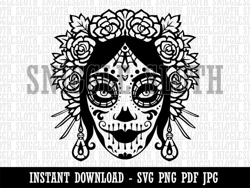 Dia De Los Muertos Woman Skull Face Day of the Dead Clipart Digital Download SVG PNG JPG PDF Cut Files