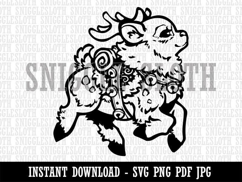 Festive Prancing Holiday Christmas Reindeer with Bells Clipart Digital Download SVG PNG JPG PDF Cut Files