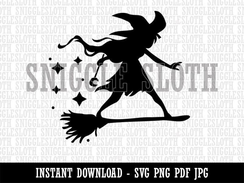 Young Witch Surfing on Broomstick Halloween Clipart Digital Download SVG PNG JPG PDF Cut Files