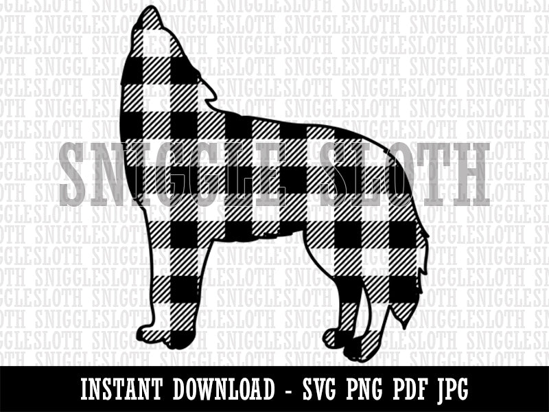 Plaid Howling Wolf Buffalo Print  Clipart Digital Download SVG PNG JPG PDF Cut Files